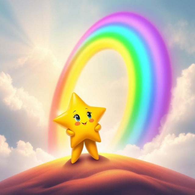 Twinkle the star stands confidently at the starting point of a radiant, colorful rainbow that arches majestically across the sky