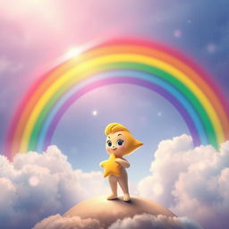 Twinkle the star stands confidently at the starting point of a radiant, colorful rainbow that arches majestically across the sky