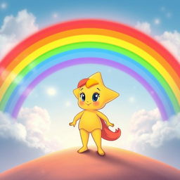 Twinkle the star stands confidently at the starting point of a radiant, colorful rainbow that arches majestically across the sky
