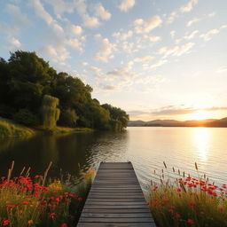 A serene landscape with a calm lake surrounded by lush green trees and vibrant wildflowers