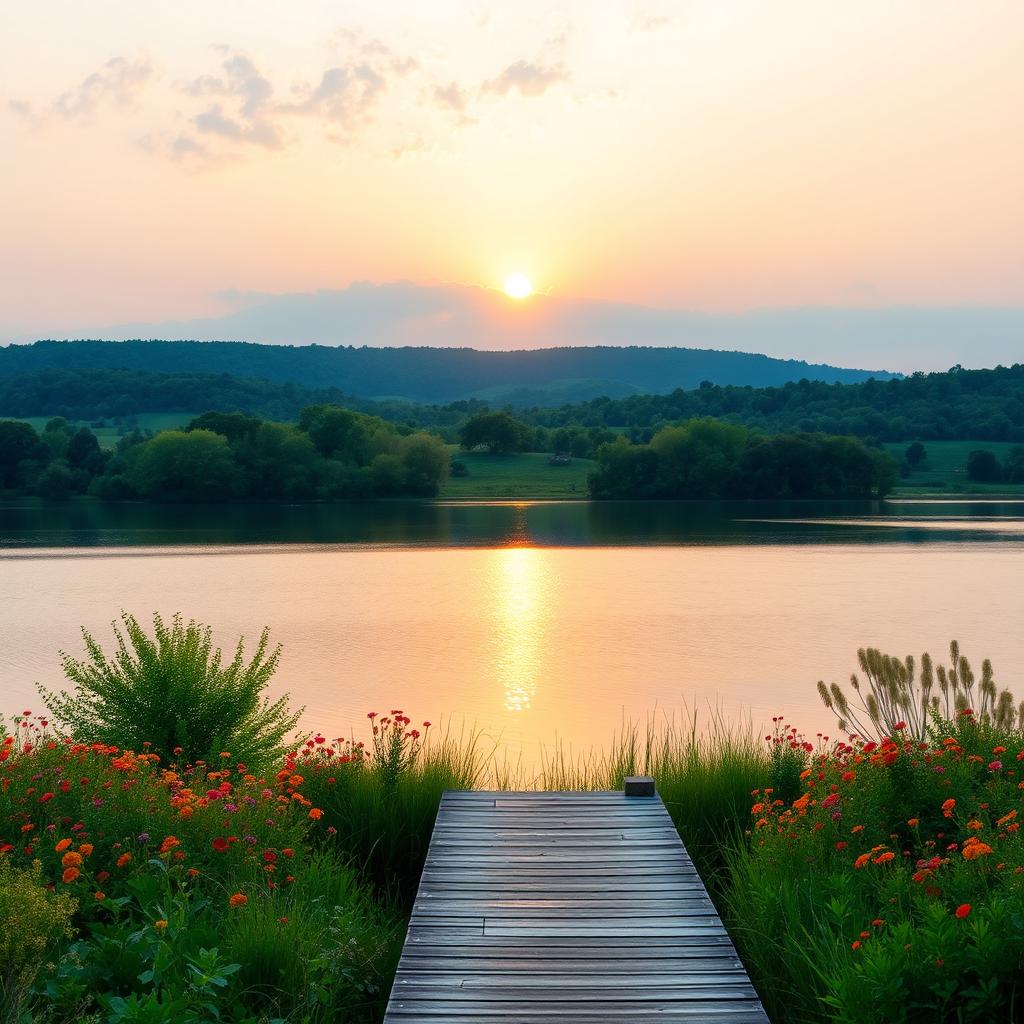 A serene landscape with a calm lake surrounded by lush green trees and vibrant wildflowers