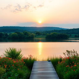 A serene landscape with a calm lake surrounded by lush green trees and vibrant wildflowers