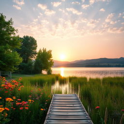 A serene landscape with a calm lake surrounded by lush green trees and vibrant wildflowers