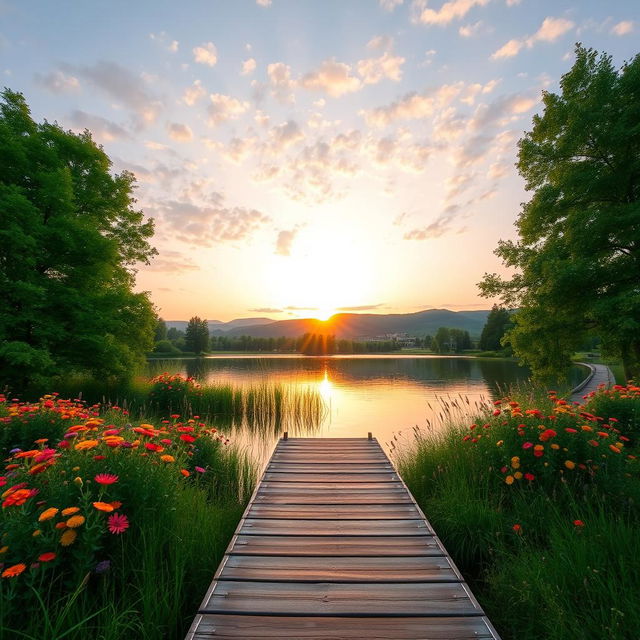 A serene landscape with a calm lake surrounded by lush green trees and vibrant wildflowers