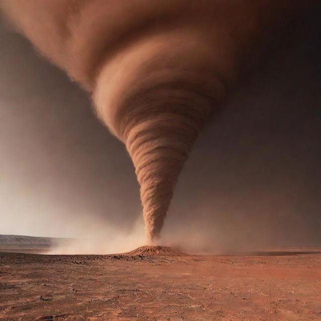 Visualize a Martian tornado, or dust devil, a spiral column of dust against the stark red desert landscape, with the darkened sky overhead