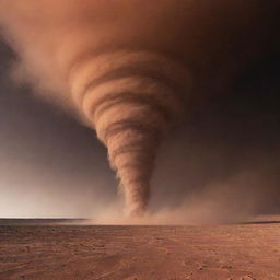 Visualize a Martian tornado, or dust devil, a spiral column of dust against the stark red desert landscape, with the darkened sky overhead