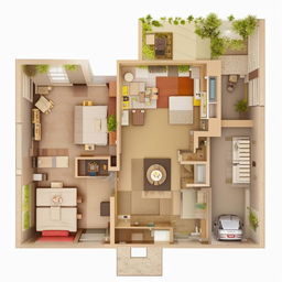 Generate a trendy, welcoming 2bhk house in India under 5 Lakhs. It should have a carpet area of 1000 sq ft including 2 bedrooms, living, dining, kitchen, and balcony. The color scheme should be beige, cream, or off-white, with woody elements, wall decor, clocks, and wall cladding.