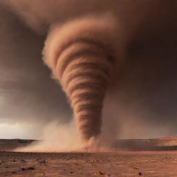 Visualize a Martian tornado, or dust devil, a spiral column of dust against the stark red desert landscape, with the darkened sky overhead