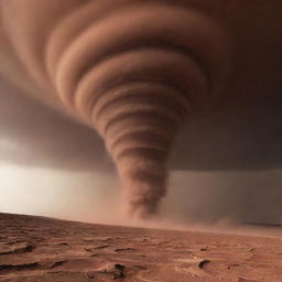 Visualize a Martian tornado, or dust devil, a spiral column of dust against the stark red desert landscape, with the darkened sky overhead