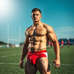 A jock rugby player standing on a lush, green sports field, wearing tight-fitting underwear that accentuates his athletic physique and prominent bulge