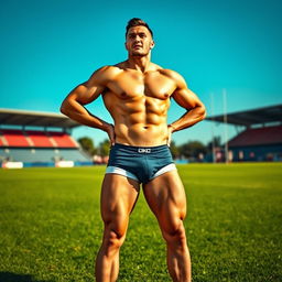 A jock rugby player standing on a lush, green sports field, wearing tight-fitting underwear that accentuates his athletic physique and prominent bulge