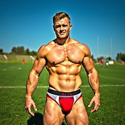 A jock rugby player standing on a lush, green sports field, wearing tight-fitting underwear that accentuates his athletic physique and prominent bulge