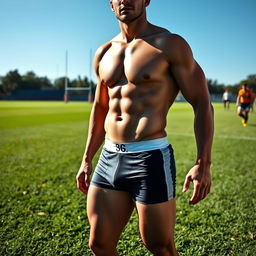 A jock rugby player standing on a lush, green sports field, wearing tight-fitting underwear that accentuates his athletic physique and prominent bulge