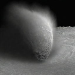 Visualize a hypothetical tornado on Ceres: a towering whirlwind of dust and icy particles, thrusting upward from the craggy, icy surface of the dwarf planet