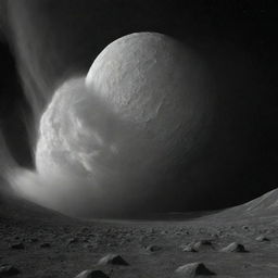 Visualize a hypothetical tornado on Ceres: a towering whirlwind of dust and icy particles, thrusting upward from the craggy, icy surface of the dwarf planet