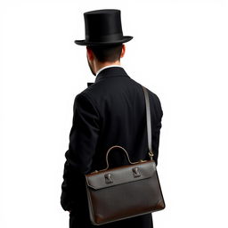 The back view of a man dressed in a classic black top hat and a formal tails coat, elegantly holding a vintage doctor's bag
