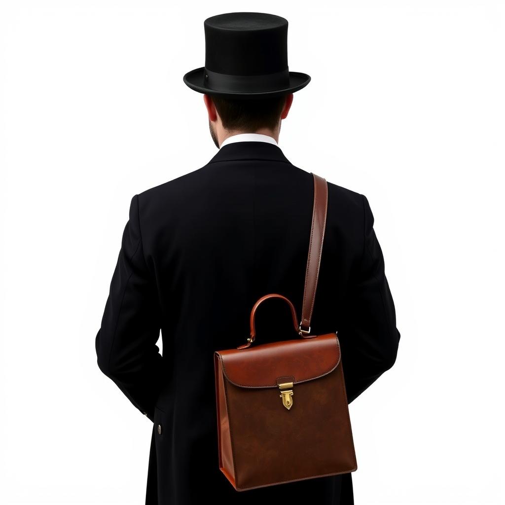 The back view of a man dressed in a classic black top hat and a formal tails coat, elegantly holding a vintage doctor's bag