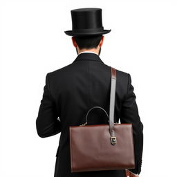 The back view of a man dressed in a classic black top hat and a formal tails coat, elegantly holding a vintage doctor's bag