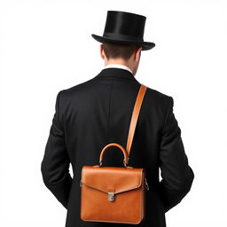 The back view of a man dressed in a classic black top hat and a formal tails coat, elegantly holding a vintage doctor's bag