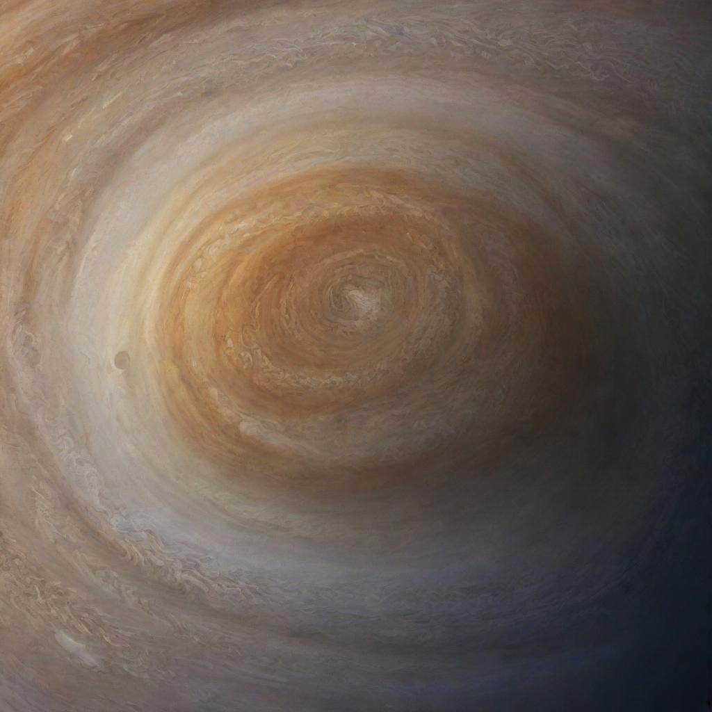 Imagine a Jovian tornado: enormous swirling storms within the multicolored, gaseous atmosphere of Jupiter, surrounded by the planet's characteristic swirling cloud bands