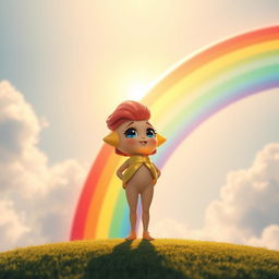 Twinkle, a bright and determined star, stands at the beginning of a radiant, colorful rainbow that stretches elegantly across the sky