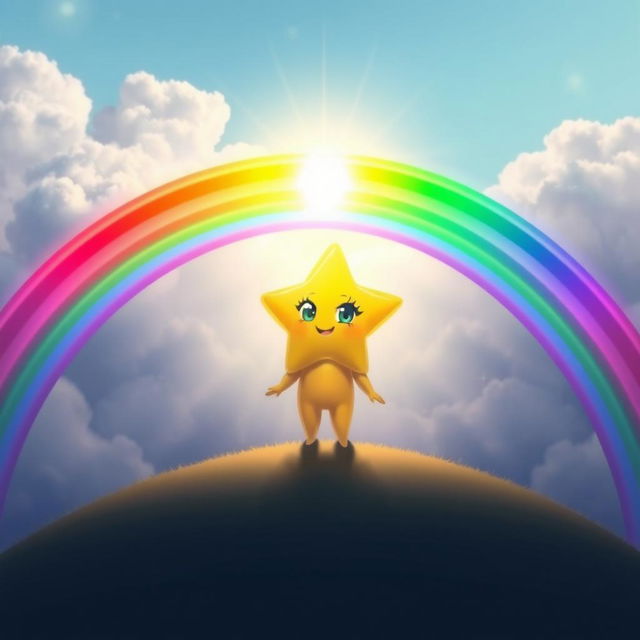 Twinkle, a bright and determined star, stands at the beginning of a radiant, colorful rainbow that stretches elegantly across the sky