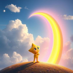 Twinkle, a bright and determined star, stands at the beginning of a radiant, colorful rainbow that stretches elegantly across the sky