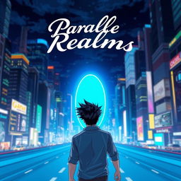 A full-body view of a man with striking black spiky hair is shown walking towards an oval bright blue portal, seen from behind