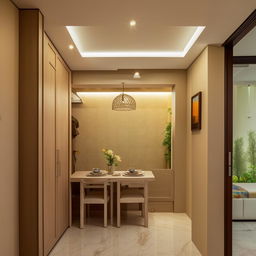 Generate a trendy, welcoming 2bhk house in India under 5 Lakhs. It should have a carpet area of 1000 sq ft including 2 bedrooms, living, dining, kitchen, and balcony. The color scheme should be beige, cream, or off-white, with woody elements, wall decor, clocks, and wall cladding.