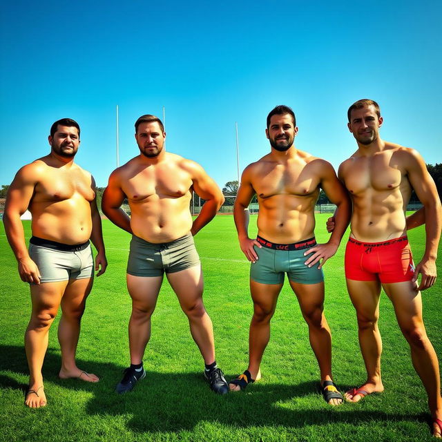 A diverse team of four jock rugby players standing confidently on a vibrant green sports field, all in tight-fitting underwear that accentuates their physiques