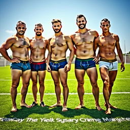 A diverse team of four jock rugby players standing confidently on a vibrant green sports field, all in tight-fitting underwear that accentuates their physiques