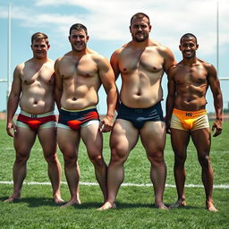 A diverse team of four jock rugby players standing confidently on a vibrant green sports field, all in tight-fitting underwear that accentuates their physiques