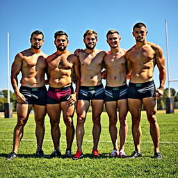 A diverse team of four jock rugby players standing confidently on a vibrant green sports field, all in tight-fitting underwear that accentuates their physiques