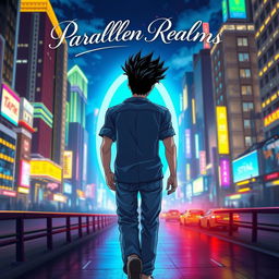 A full-body view of a man with striking black spiky hair is demonstrated walking towards an oval bright blue portal, shown from behind