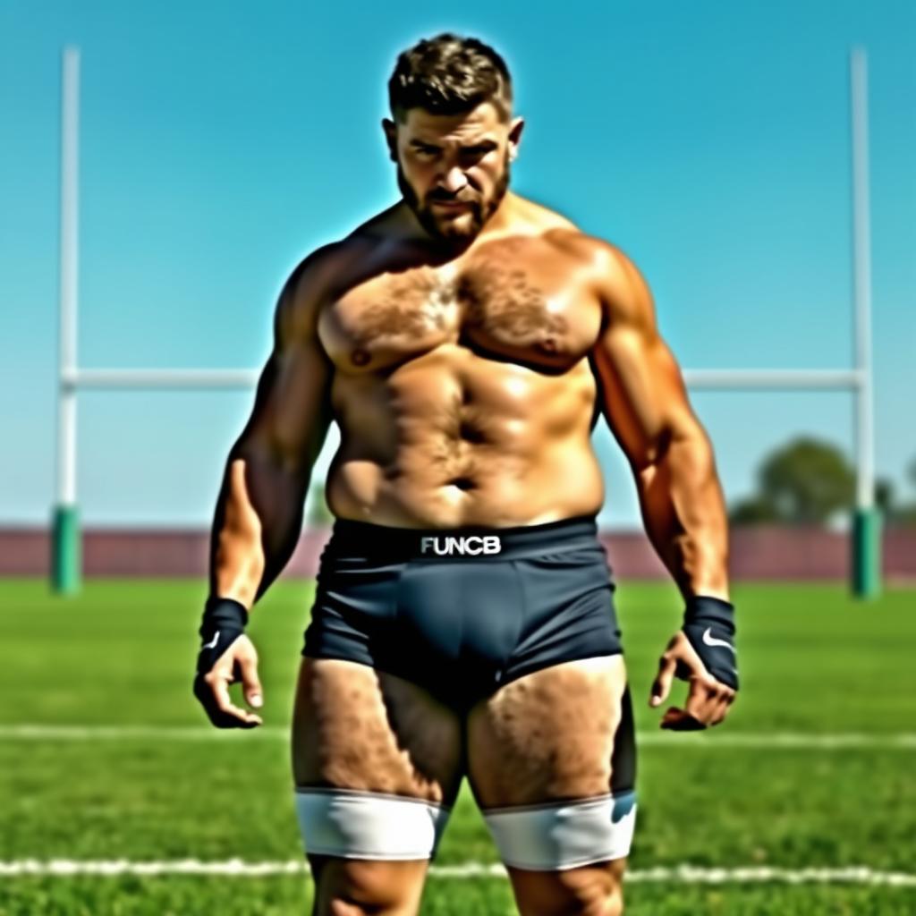 A stocky rugby player standing on a vibrant green sports field, wearing tight-fitting underwear that highlights his physique