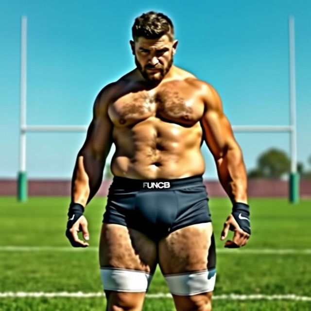 A stocky rugby player standing on a vibrant green sports field, wearing tight-fitting underwear that highlights his physique