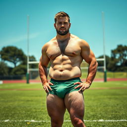 A stocky rugby player standing on a vibrant green sports field, wearing tight-fitting underwear that highlights his physique