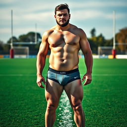 A stocky rugby player standing on a vibrant green sports field, wearing tight-fitting underwear that highlights his physique