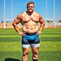 A stocky rugby player standing on a vibrant green sports field, wearing tight-fitting underwear that highlights his physique