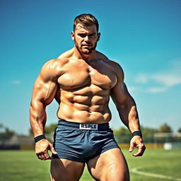 A muscular stocky rugby player with a confident stance, showcasing some chest and armpit hair, with a well-defined treasure trail leading from his belly button down