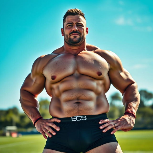 A muscular stocky rugby player with a confident stance, showcasing some chest and armpit hair, with a well-defined treasure trail leading from his belly button down