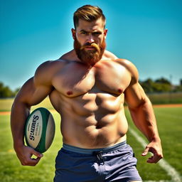 A muscled stocky rugby player, confidently posed on a vibrant outdoor sports field