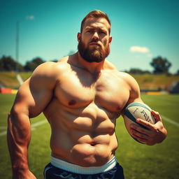 A muscled stocky rugby player, confidently posed on a vibrant outdoor sports field