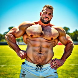 A muscled stocky rugby player, confidently posed on a vibrant outdoor sports field