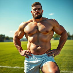A muscled stocky rugby player, confidently posed on a vibrant outdoor sports field