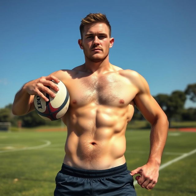 A lean yet muscular rugby player, confidently posed on a sunny outdoor sports field