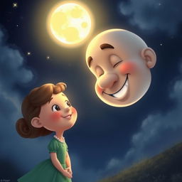 Uncle Moon shines brightly in the night sky, casting a warm and guiding light that beautifully illuminates Twinkle's path below