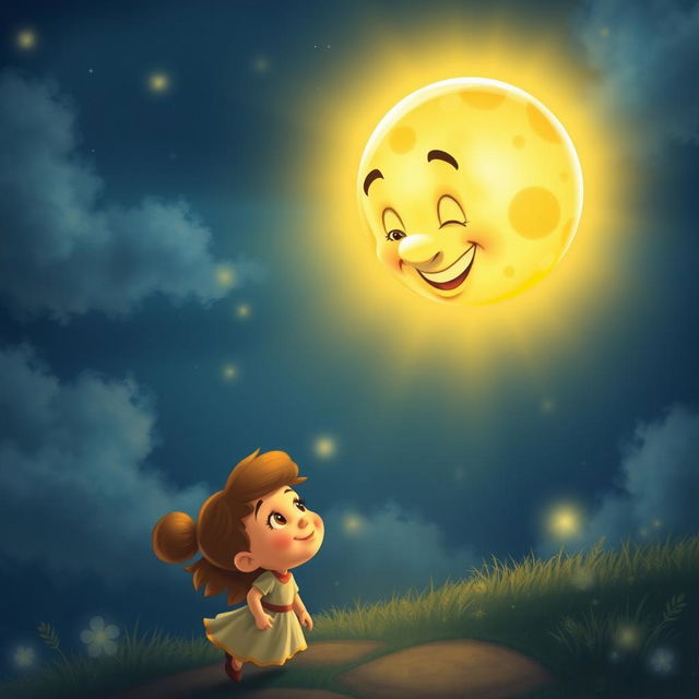 Uncle Moon shines brightly in the night sky, casting a warm and guiding light that beautifully illuminates Twinkle's path below