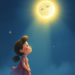 Uncle Moon shines brightly in the night sky, casting a warm and guiding light that beautifully illuminates Twinkle's path below
