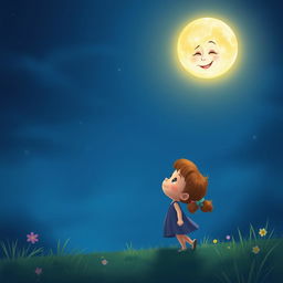 Uncle Moon shines brightly in the serene night sky, casting a warm, guiding light that beautifully illuminates Twinkle's path below